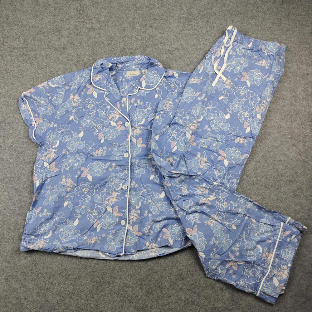 L.L.Bean Pajama Set Womens XL Blue Floral Collared Short Sleeve Button